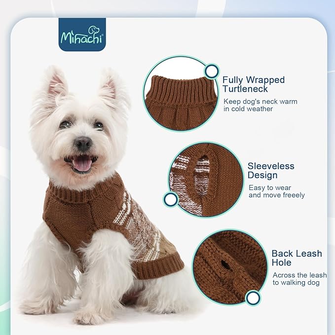 Mihachi Dog Sweaters for Small Medium Dogs Girl Boy,Soft Warm Dogs Shirt, Cold Weather Dog Coat Turtleneck Knitted Pullover Dog Clothes Costume with Leash Hole for Large Cat Puppy Doggy Pet,Beige SM