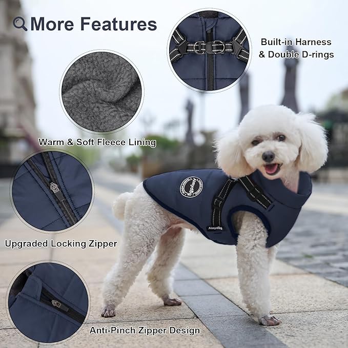 Warm Winter Coat, Cold Weather Jacket with Built-in Harness, Reflective & Adjustable Comfortable Pet Vest, Waterproof Windproof for Small Dogs (Navy)