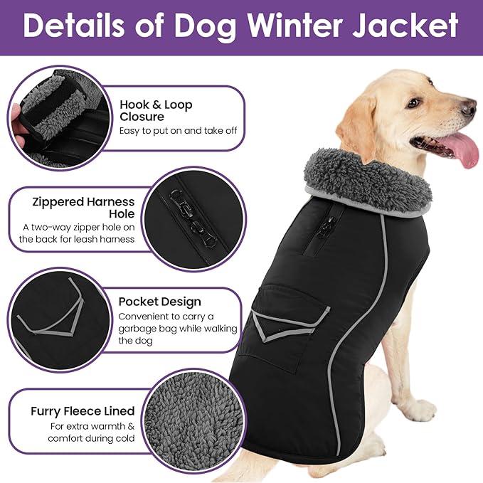 SUNFURA Large Dog Coat, Warm Dog Winter Coat Jacket with Thick Furry Collar, Adjustable Pet Fleece Jacket Turtleneck Snowsuit for Large Dogs for Chilly Day, Black XL