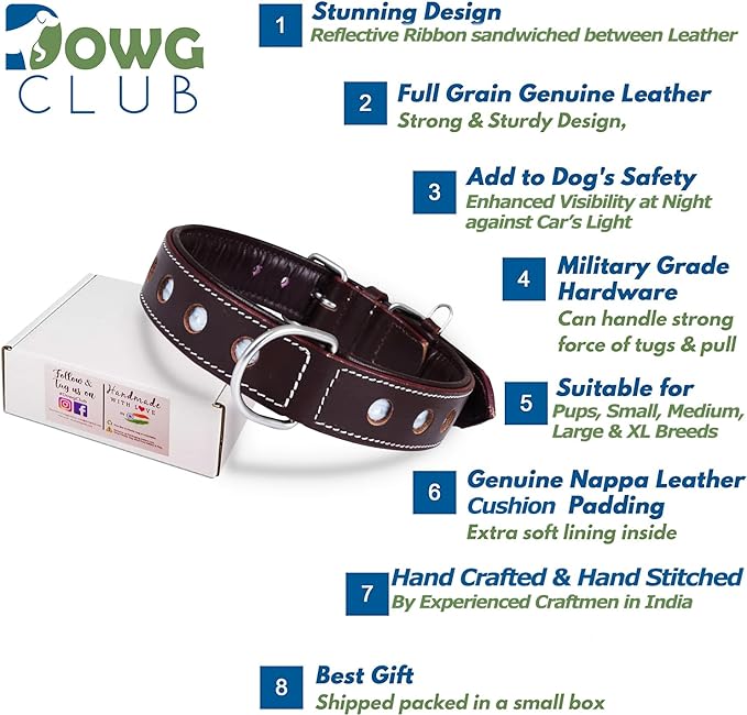 Genuine Leather Reflective Dog Collar | Stellar Series | Safe for Night Walking | Soft, Cushion Padding, Handmade | Best for Small, Medium, Large, XL (X-Large (Fit Neck Size 22"-26"), Garnet)
