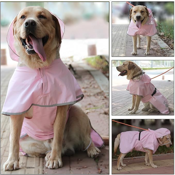 Waterproof Dog Raincoat, Reflective Adjustable Hooded Dog Rain Coat, Lightweight Breathable Pet Rain Jacket Poncho Double Layer with Leash Hole for Small Medium Large Dogs (Pink, Large)