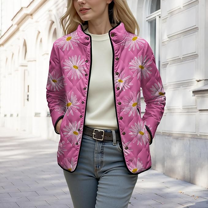LIZALIG Women's Cropped Puffer Jacket Lightweight Floral Print Long Sleeve Padded Quilted Puffy Cardigan Coat