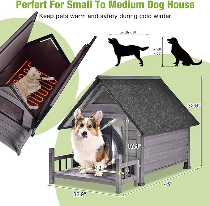 GUTINNEEN Heated Dog House for Outside Insulated Dog House Outdoor Weatherproof with Safe Heated Pad, Chew-Proof Metal Frame and Insulated Liner for Small to Medium Dogs, 32.9" L x 45" W x 32.6" H