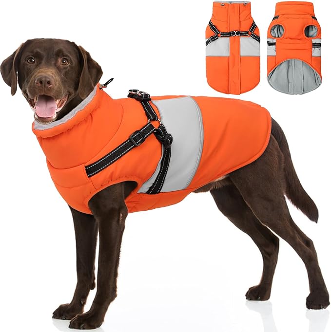 SUNFURA Dog Jacket, Large Dog Coat with Harness Built in, Warm Pet Winter Jacket Zippered Snow Coat with Furry Collar, Waterproof Fleece Snowsuit for French Bulldog, Orange L