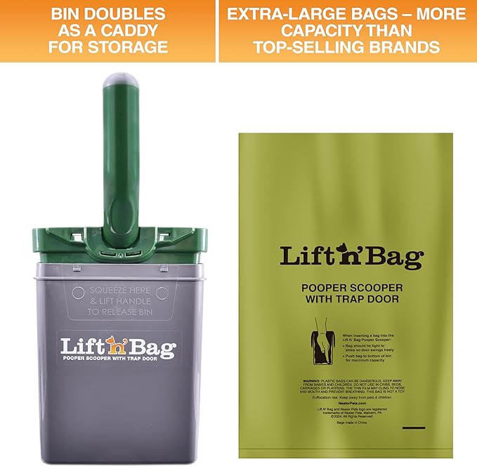 Neater Pet Brands Lift N’ Bag 2.0 Dog Pooper Scooper with Bag Attachment for Small to Large Dogs, New & Improved Design, 15 Refill Bags, Heavy Duty Dog Poop Scooper for Yard & Walks, One-Hand Use