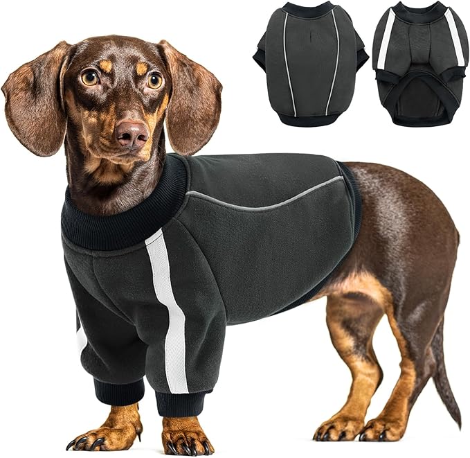 Queenmore Fleece Dog Sweater for Male Dogs, Soft Pullover Dog Sweatshirt with Leash Hole/Reflective Stripes – Cozy Winter Fleece Jacket for Small Medium Large Boy Puppy, Grey XXXL