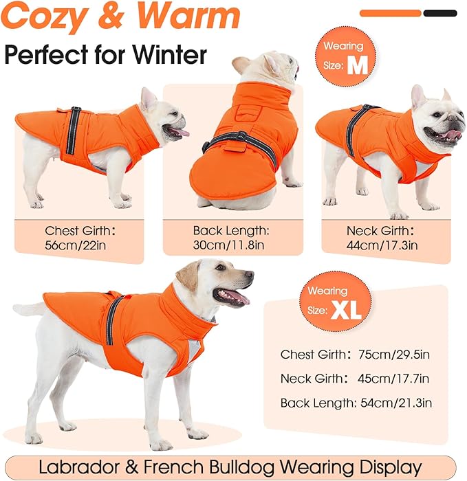 Extra Large Dog Coat, Warm Dog Winter Jacket, Waterproof Dogs Snowsuit with Foldable High Collar, Reflective Strips, Adjustable Hook & Loop Closure - Ideal for Cold Weather - Orange 5XL