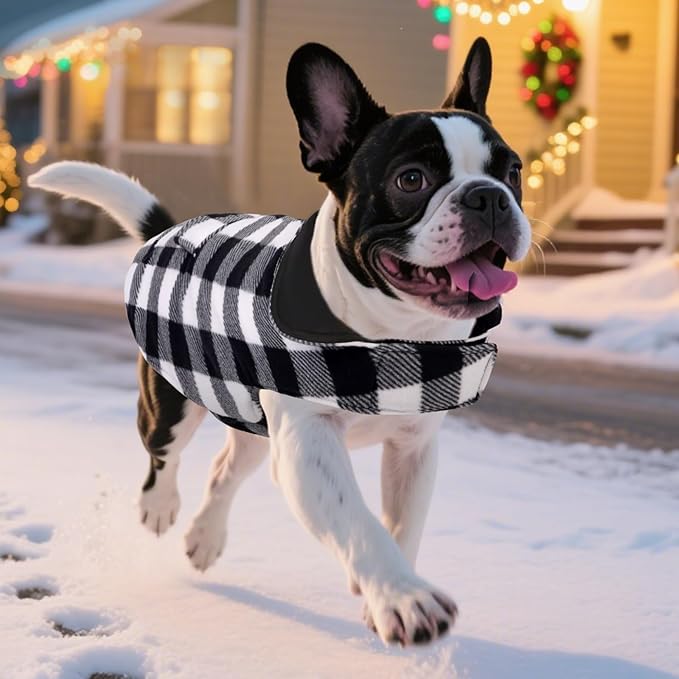 ASENKU Dog Winter Coat, Fleece Doggie Jacket Plaid Reversible Vest Waterproof Windproof Cold Weather Clothes for Small Medium Large Dogs (M, White)