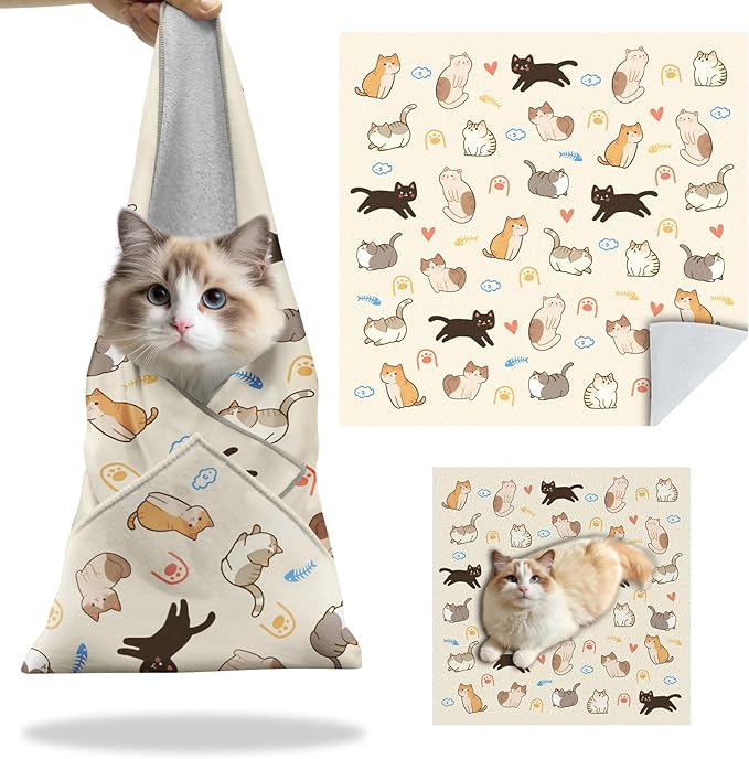 27.6" Cat Grooming Wrap, Self Adhesive Cat Wrap for Cutting Nails, Anti-Escape Calming Cat Swaddle Wrap for Medicine Ear Cleaning, Anti-Scratch Cats Burrito Restraint Blanket, Pet Tool (6-10 lbs)