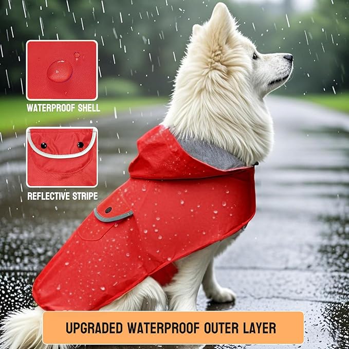Dog Raincoat Dogs Rain Jacket Reflective Poncho Rainwear Waterproof Pet Clothes Warm Lined Pocket Hooded Leash Hole Adjustable for Puppy Small Dogs,Red,M,Back Length 10.0 Inch