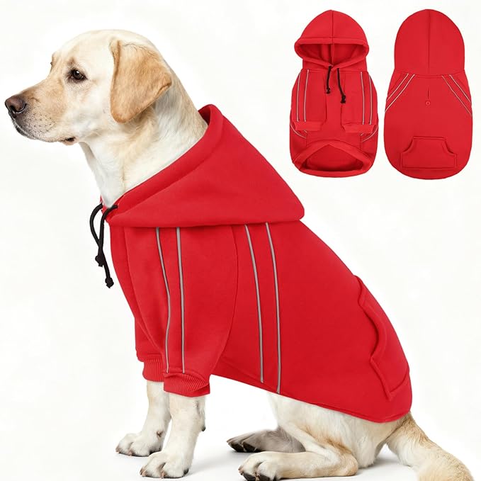 ASENKU Cozy Dog Hoodie，Soft Sweater with Adjustable Hood, Back Pocket and Leash Access Hole，Warm Reflective Sweatshirt for Cold Weather（Red，3XL