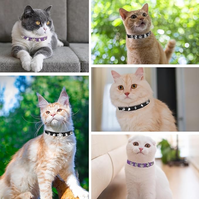 EXPAWLORER Leather Cat Collar for Girl Boy- Adjustable Pet Collar with Safety Elastic Belt,Personalized Punk Accessories Buckle Collars with Bell & Durable D-Ring, Skull(Black)