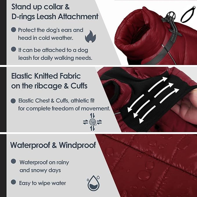 AOFITEE Dog Coat, Waterproof Dog Winter Jacket, Warm Fullbody Dogs Snowsuit, Winter Coat for Small Dogs, Zip Up Pet Puffer Jacket Fleece Vest, Outdoor Reflective Cold Weather Pet Coats, Christmas Red