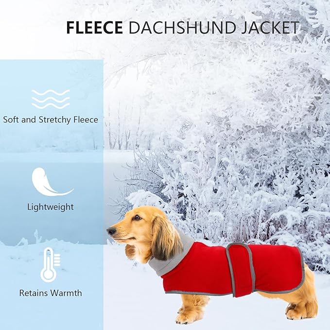 Geyecete Dachshund Sweaters, Dachshund Coat Perfect Dog Winter Coat with Padded Fleece Lining and High Collar, Dog Snowsuit with Adjustable Bands - Red-L