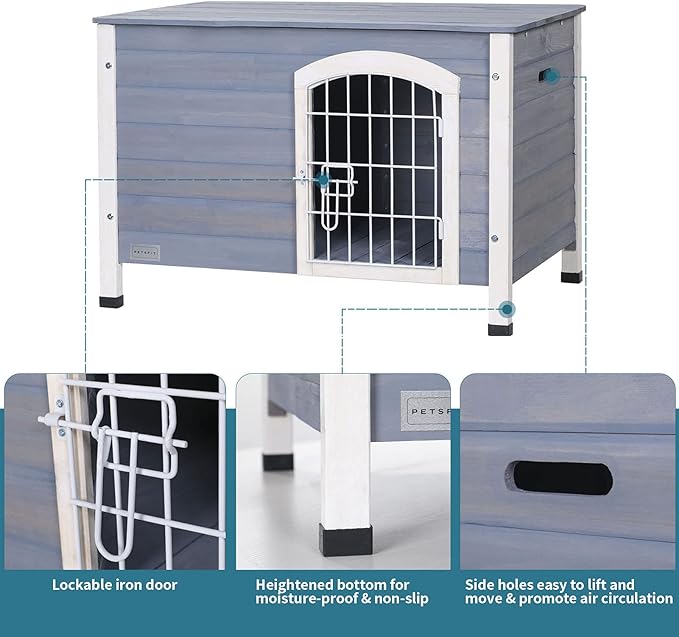 Petsfit Small Dog House for Small Dogs Indoor, Wooden Dog House with Elevated Floor&Anti-Slip Bottom, 31.5''L×21.5''W×21''H