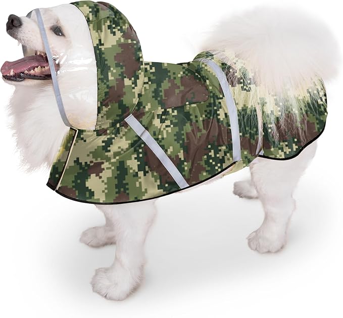 Dog Raincoat, Adjustable Rain Jacket with Hooded Double Layer for Large Medium Small Dogs Puppies, Lightweight Waterproof Rain Coat Poncho with Reflective Stripe Mosaic Camouflage Green,XXL