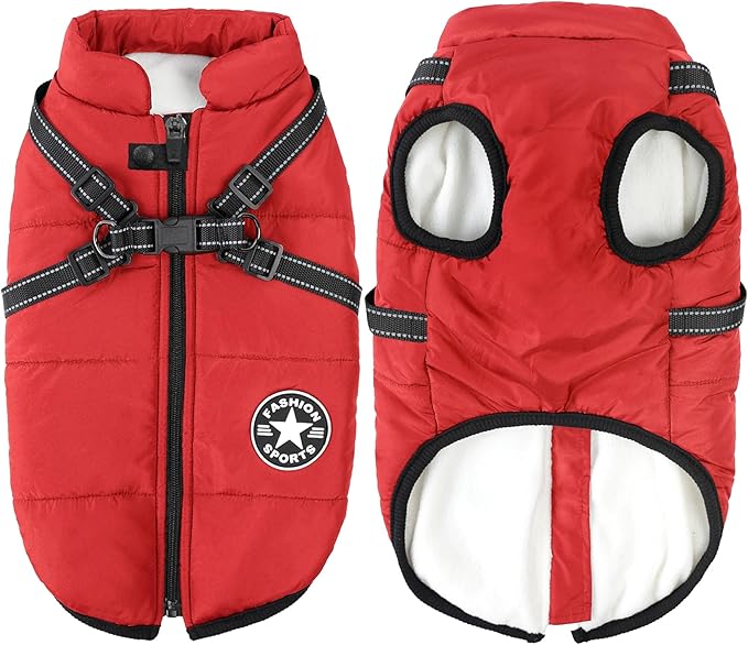Aiboria Dog Jacket Coat Windproof Jackets Warm Pet Vest Fleece Dog Sweater Padded Vest with Chest Strap Harness Red XXL