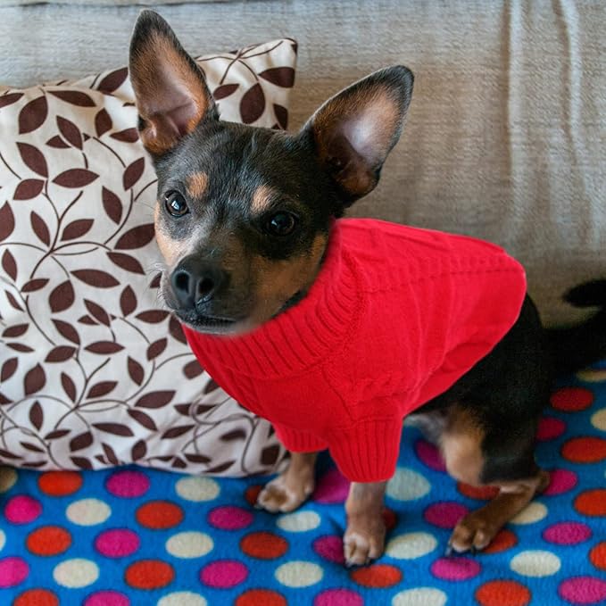 Queenmore Small Dog Pullover Sweater, Cold Weather Cable Knitwear, Classic Turtleneck Thick Warm Clothes for Chihuahua, Bulldog, Dachshund, Pug (Red, Small)