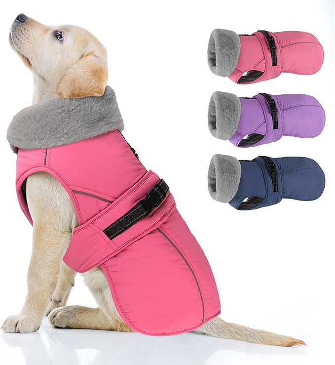 PETDSH Dog Coat Small, Windproof Dog Jacket with Warm Fleece Lining, Thickened Collar Dogs Winter Coat, Adjustable Reflective Pet Coats for Cold Weather (Pink, Small)