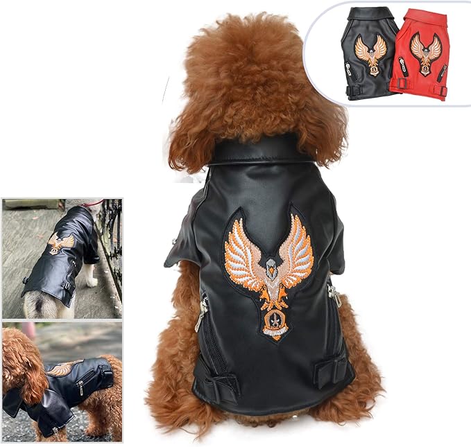 Lovelonglong Cool Dog Leather Jacket, Warm Coats Dogs Windproof Cold Weather Coats for Large Medium Small Dogs with Eagle Embroidery Black S