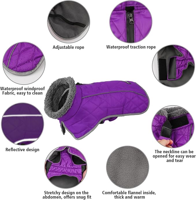 Fragralley Dog Coat Large, Waterproof Dog Jacket with Warm Fleece Lining, Adjustable Reflective Dogs Winter Coat, Turtleneck Pet Coats for Cold Weather (Purple XXXL)