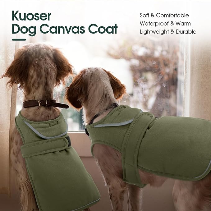 Kuoser Canvas Dog Coat, Warm Dog Jacket Reflective Fleece Pet Cold Weather Coat, Warm Doggie Clothes Waterproof Winter Vest with Zipper Leash Hole for Small Medium Large Dogs, Army Green L