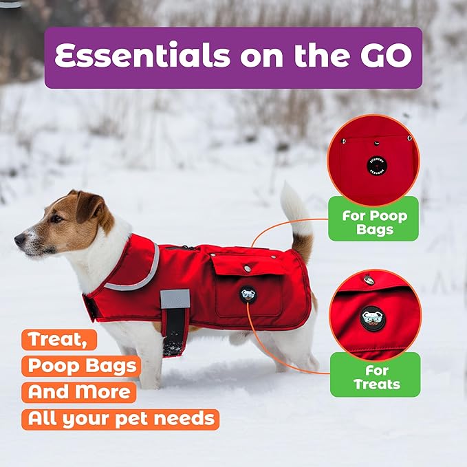 Joyride Harness FrostFlex Dog Winter Jacket - Fleece Lined & Water-Resistant - Snowsuit with Pockets for Treats & Poop Bags - Durable Cold Weather Dog Coat - Red Rush-XXL