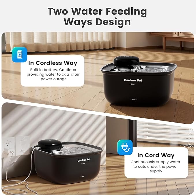 Gardner Pet Wireless Cat Water Fountain Stainless Steel Tray, 3.78L Cat Fountain Battery Operated, Cordless Pet Water Fountain for Cats & Dogs with Motion Sensor, Temperature Display - 1 Gallon