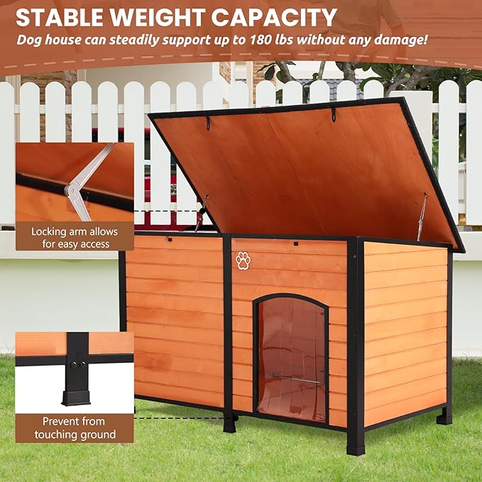 Outdoor Dog House, 55” Extra Large Wooden Dog House with Anti Bite Iron Frame Weatherproof Finish Outside Paw Print Dog House for Large and Medium Dogs (Brown, 55" Dog House)