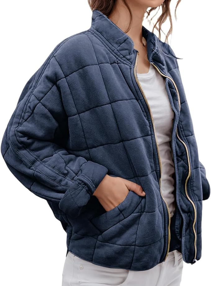 LIZALIG Warm Padded Coat for Women Full Zip Quilted Jackets Winter Oversized Causal Solid Color Stand Collar Pockets Coat
