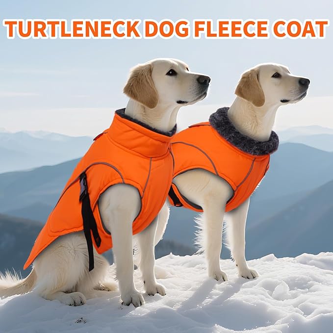 DENTRUN Dog Winter Coat - Windproof Reflective Jacket, Plush Turtleneck & Adjustable Belt, Water Repellent Fleece Lined Cold Weather Vest for Corgi Bulldog, Orange, L