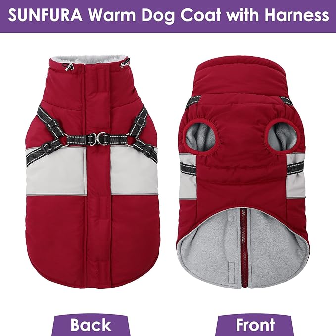 SUNFURA Dog Coat, XXL Dog Jacket Winter with Harness Built in, Waterproof Pet Snow Jacket with Furry Collar for Chilly Day, Reflective Fleece Snowsuit for Extra Large Dogs, Burgundy 2XL