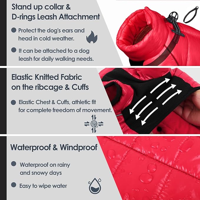 AOFITEE Dog Coat, Waterproof Dogs Jacket for Winter, Warm Fullbody Small Dog Snowsuit, Winter Coat for Small Dogs, Zip Up Pet Puffer Jacket Fleece Vest, Reflective Pet Snow Jackets, Christmas Red