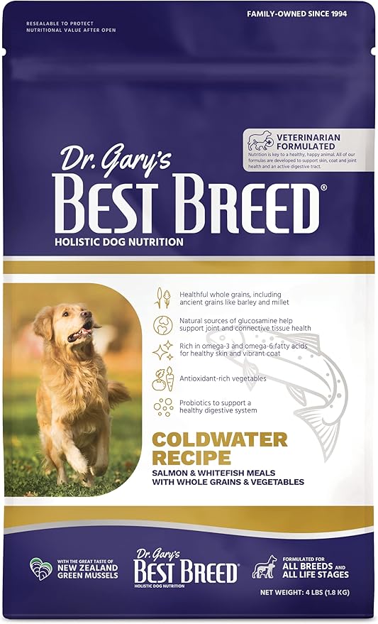 Best Breed Dr. Gary's Coldwater Recipe Slow-Cooked in USA, Natural Dry Dog Food for All Breeds and Sizes, 4lbs