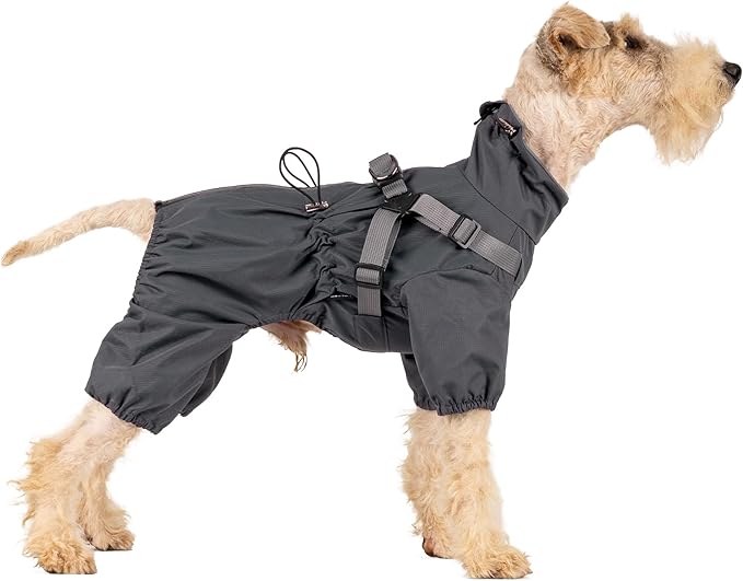 Mile High Life Waterproof Dog Raincoat, Full Coverage Small Dog Rain Coat with Harness, Adjustable 4 Legs Puppy Rain Jacket with Reflective Strip and Elastic Cuffs (Gray, L Back Length 16.1")