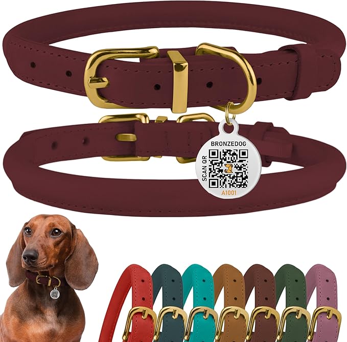 BronzeDog Rolled Leather Dog Collar with QR ID Tag, Adjustable Soft Round Collars for Small Medium Large Dogs Puppy (11" - 14 1/2" Neck Size, Burgundy)