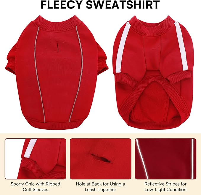 Queenmore Small Christmas Dog Sweater, Cozy Fleece Dog Sweatshirt, Warm Winter Fleece Jacket for Small, Medium & Large Dogs with Leash Hole/Reflective Stripes Red
