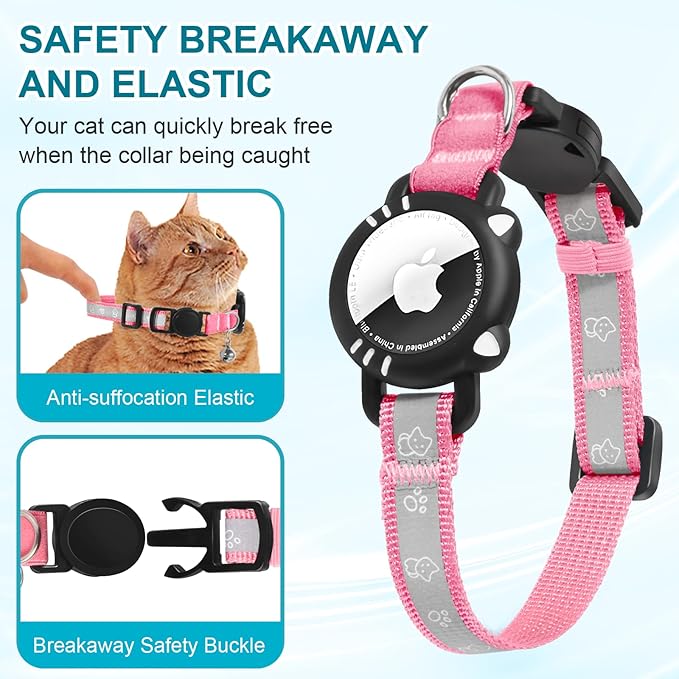 Airtag Cat Collar, Reflective Cat Collar with Apple Air Tag Holder, Breakaway GPS Tracker Pet Collar with Bell for Cat Kitten, Pink, S(9-11 Inch)
