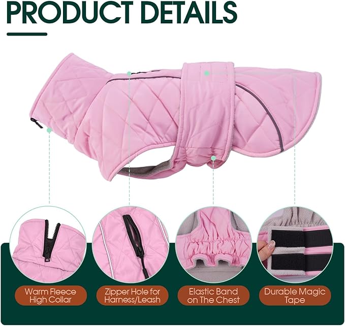 Kuoser Dog Coat, Extra Warm Dog Jacket Windproof Dogs Cold Weather Coats for Medium Dogs, Fleece Lining Turtleneck Puppy Snowsuit Reflective Adjustable Pet Winter Clothes Christmas, Pink M