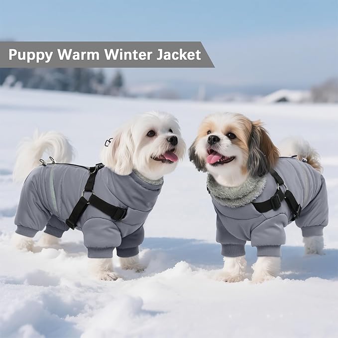 BRKURLEG Grey Dog Winter Coat, Cozy Winter Dog Jackets, Small Dogs Coat with Harness, Onesie Body Warm Puppy Jacket, Pet Reflective Windproof Cold Weather Jackets, Puppy Four-Legged Puffer Coats, XL