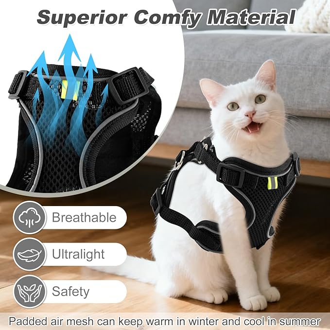 Kitten Cat Harness and Leash Set, Escape Proof Soft 4-Adjustable Cat Walking Vest Harness, Reflective Strips in Harness for Kitty Puppy Bunny Car Travel, with Car Seatbelt Leash (Black, XS)