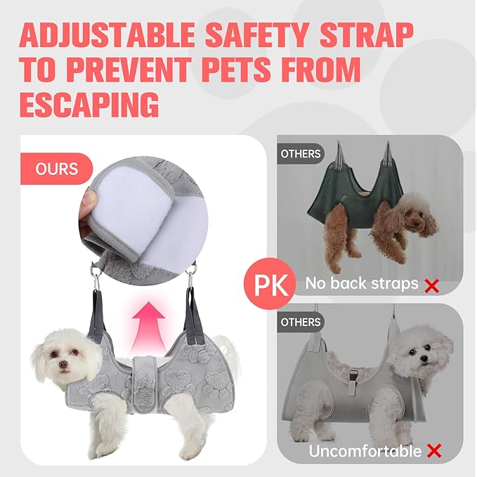 PAWCHIE Dog Grooming Hammock Harness for Dogs & Cats with Pet Nail Clipper Trimmer,Cat Hanger Sling for Trimming Clipping Nails,Warm Plush Dog Hammock Restraint Bag for Small Medium Large Dogs,Grey S
