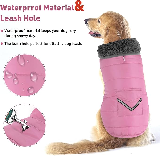 Dog Coat, Waterproof Dog Winter Jacket with Pocket, Reflective Adjustable Pet Snow Vest, Warm Cozy Fleece Sweater for Small Medium Extra Large Dogs - Light Pink, L