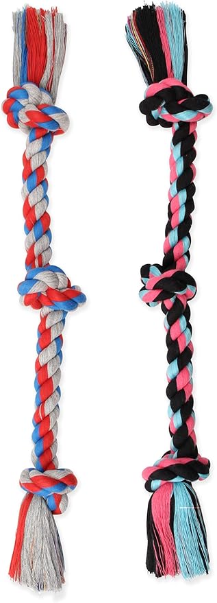 Mammoth Flossy Chews Color 3 Knot Rope Tug – Premium Cotton-Poly Rope Tug Toy for Dogs – Interactive Rope Dog Toy 20" - 2 Pack Assorted Colors