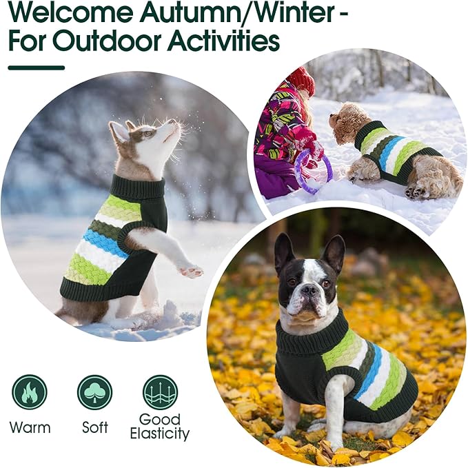 Kuoser Dog Sweater, XS Dog Sweater Pet Cable Knitted Pullover Warm Clothes, Puppy Turtleneck Classic Knitwear Soft Thickening Christmas Outfit, Cold Weather Thermal Wear for Small Dogs, Green XS
