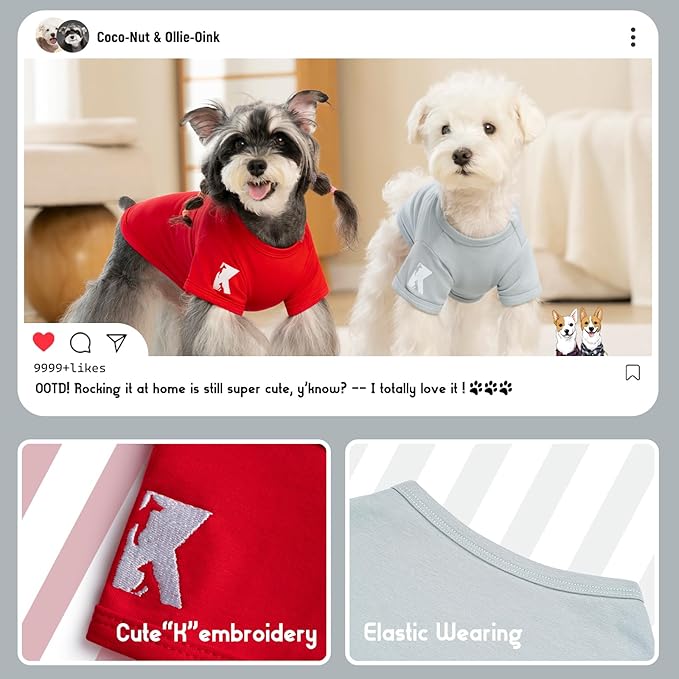 Koneseve Dog Shirt Breathable Cotton Stretchy Clothes for Small Pets 2-Pack Sunny Red & Smoky Blue M