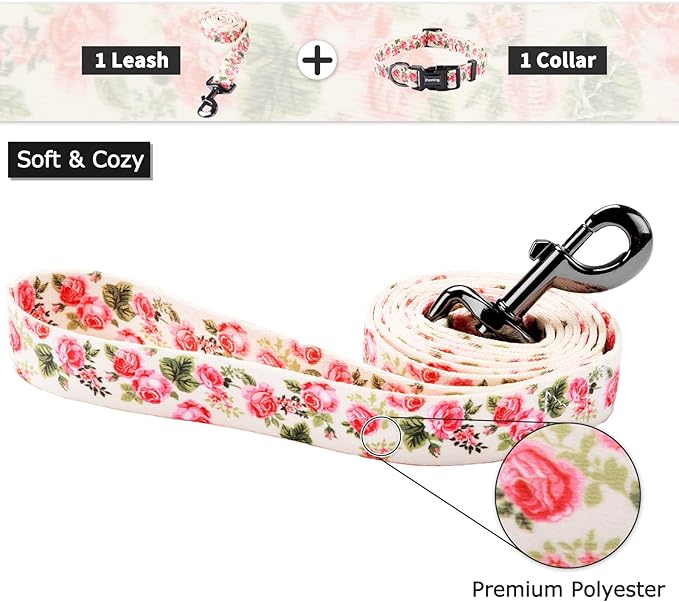 Ihoming Dog Collar and Leash Set for Daily Outdoor Walking Running Training, Pink Flowers Design for Small Boys Girls Dogs Cats Pets, S-Up to 20LBS