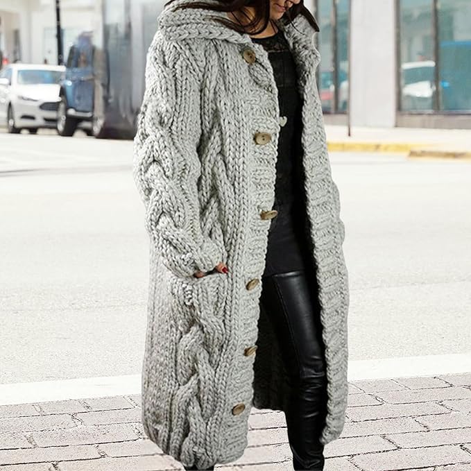 LOAIHA Women Chunky Cable Knit Long Sleeve Cardigan Fall Winter Trendy Oversized Button Down Sweaters Outerwear with Pocket
