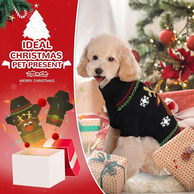 PETCARE Dog Christmas Sweater Black Ugly Funny Cute Cartoon Reindeer Cat Sweaters Jumper Holiday Dog Clothes Puppy Sweaters for Small Medium Large Dogs Fall Winter Outfits Xmas Dogs Costume,XX-Small