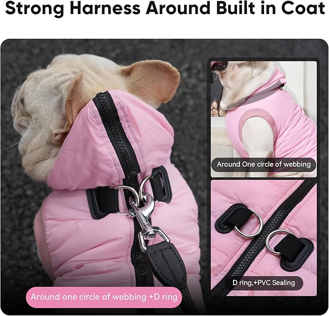 Fleece Lining Dog Hoodie with Harness Built in,Extra Warm Small Dog Jacket in Winter Puppy Coats with Hooded,Light Pink XS